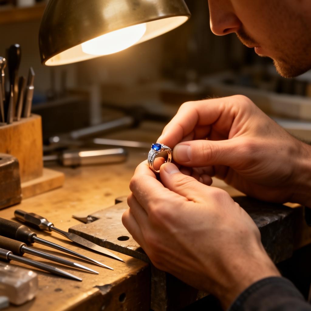 Master jeweler crafting a custom ring at the workbench