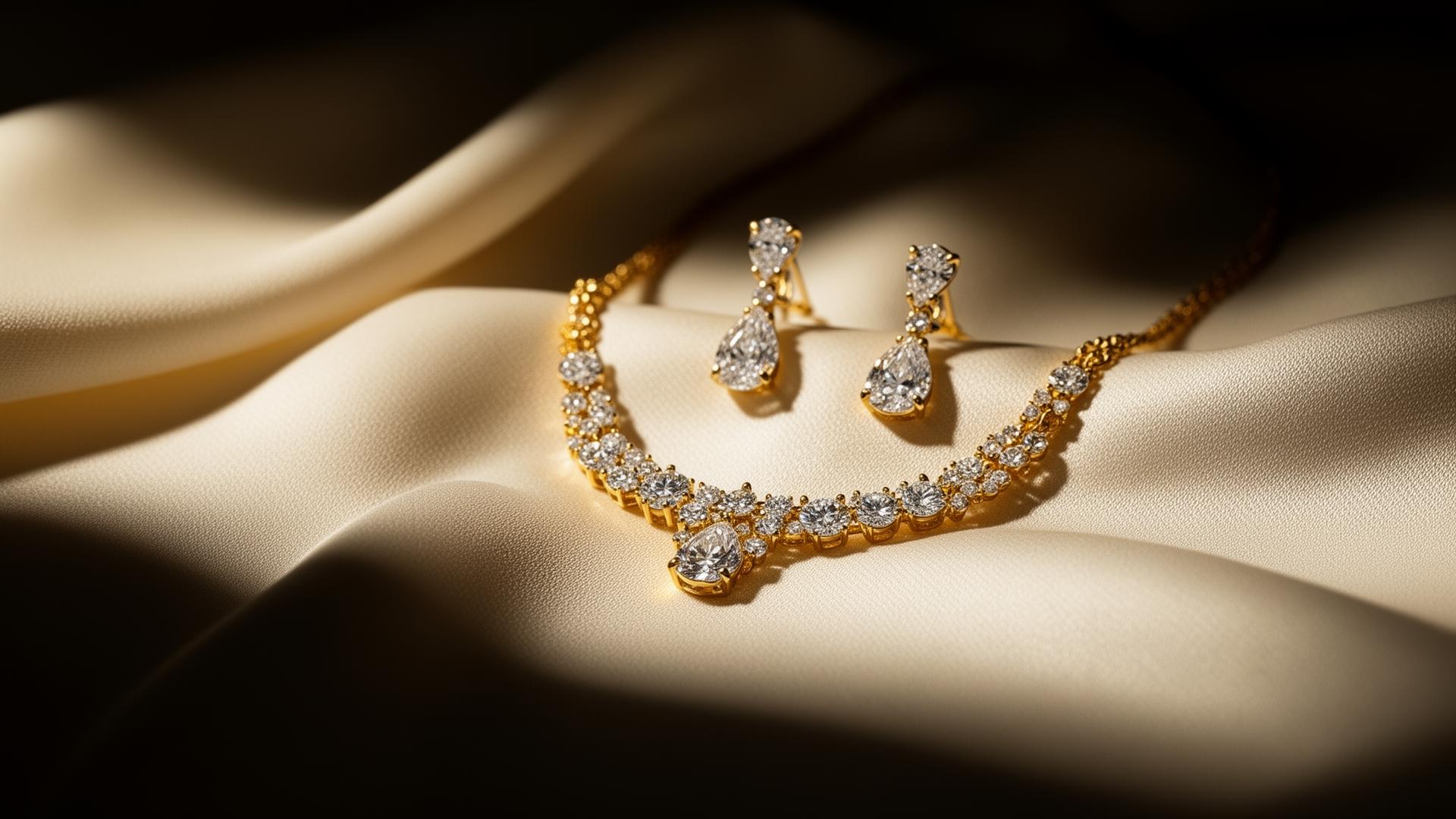 Fine gold and diamond necklace with matching earrings on ivory silk
